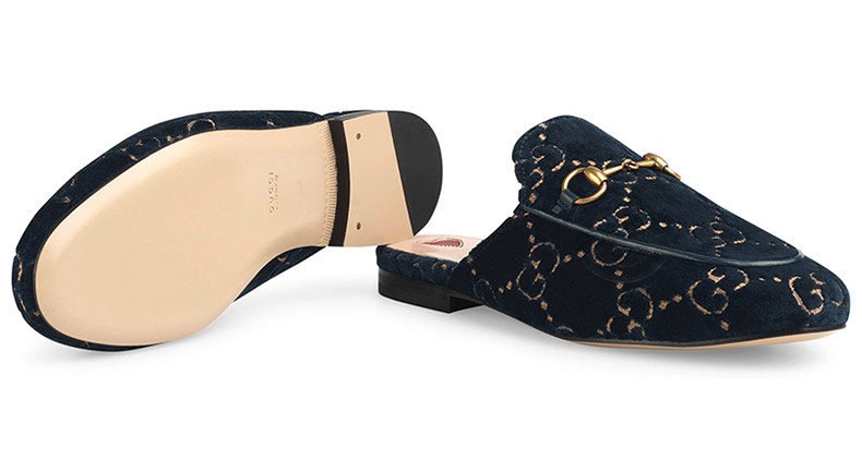 gucci古驰女鞋绒面gg印花马衔扣平底穆勒拖鞋 蓝色475094 jt20 4280