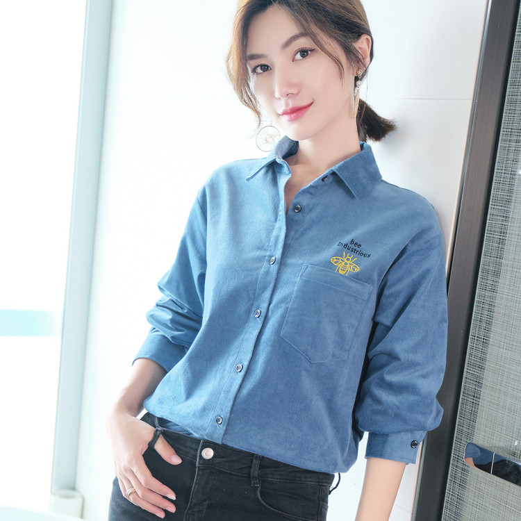 德玛纳 秋冬新品小蜜蜂灯芯绒女式衬衫百搭女式上衣通勤优雅女式衬衣