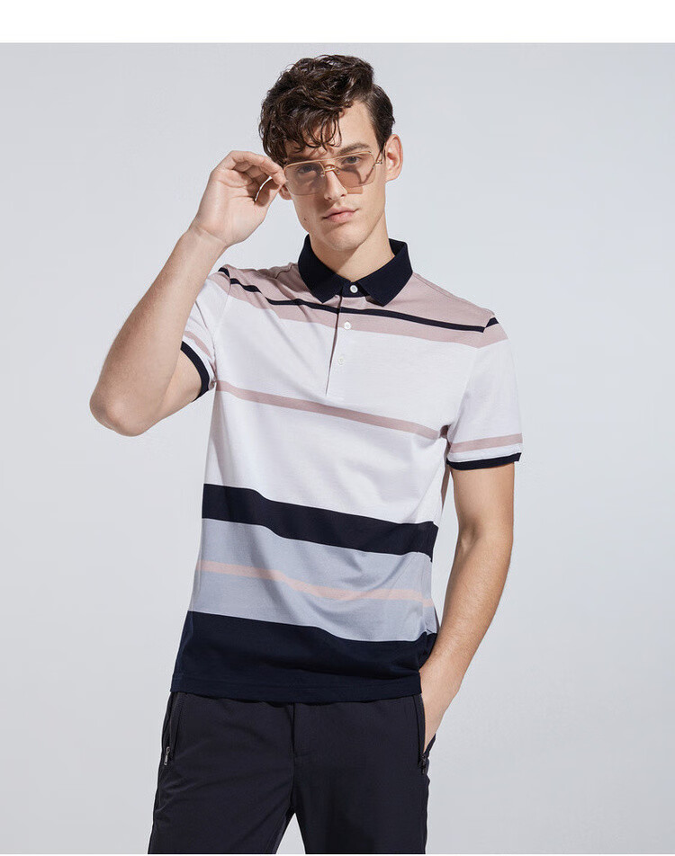 劲霸k-boxing 【桑蚕丝】男士t恤夏季撞色宽条纹短袖高档t恤polo衫