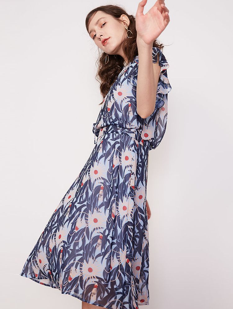 纳薇naivee 【2020春装连衣裙】新款印花x型中长款v领连衣裙女收腰