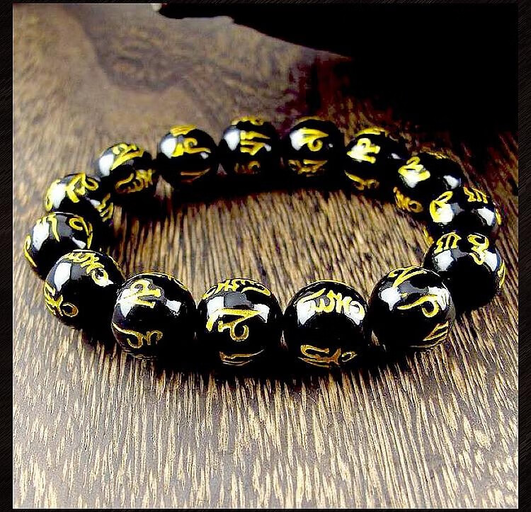 相石缘黑玛瑙手链男六字真言天然玛瑙佛珠手串男款14mm大明咒