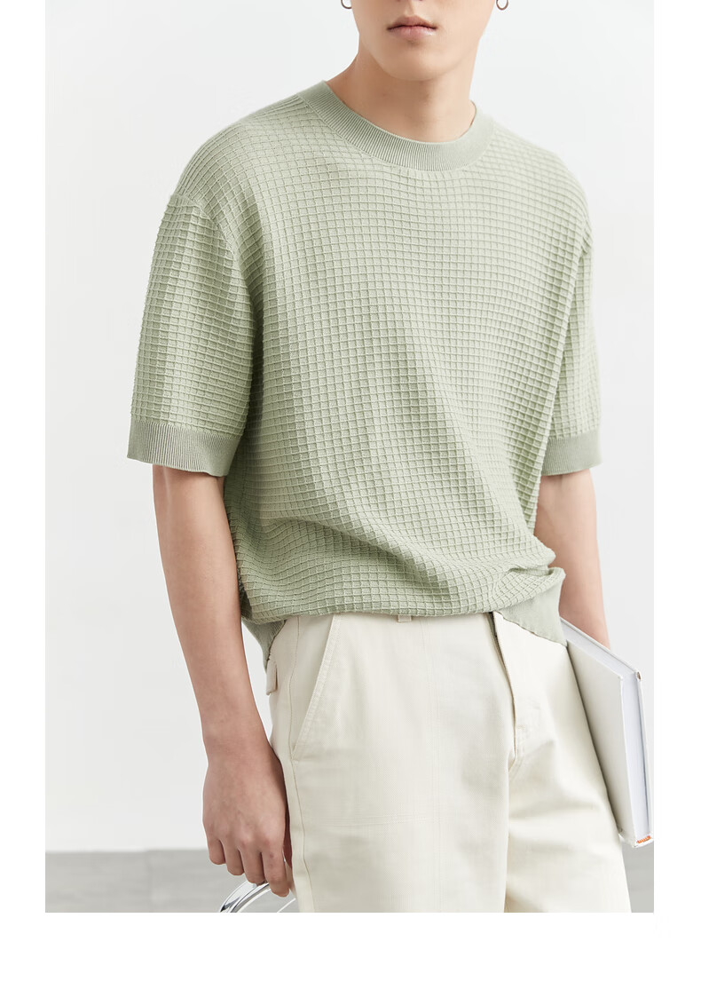 earljoel华夫格短袖t恤男2022春夏季新款宽松格子纯棉潮流半袖体恤衫