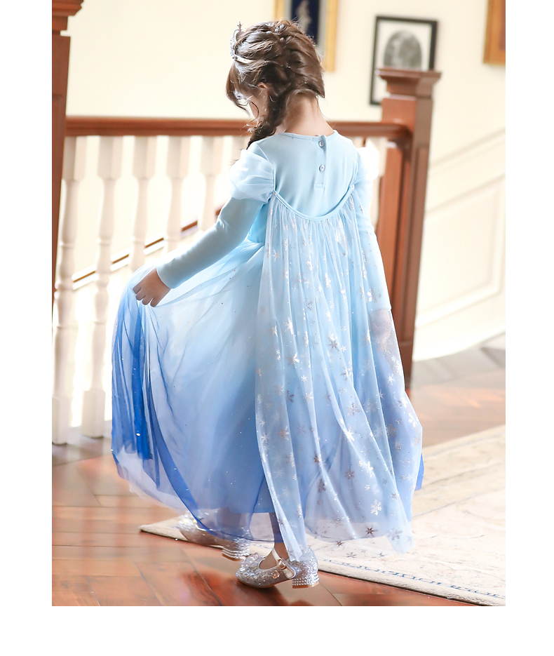 船鼠女孩连衣裙长袖渐变纱裙古装裙子秋款洋气公主裙儿童女童长裙蓝色