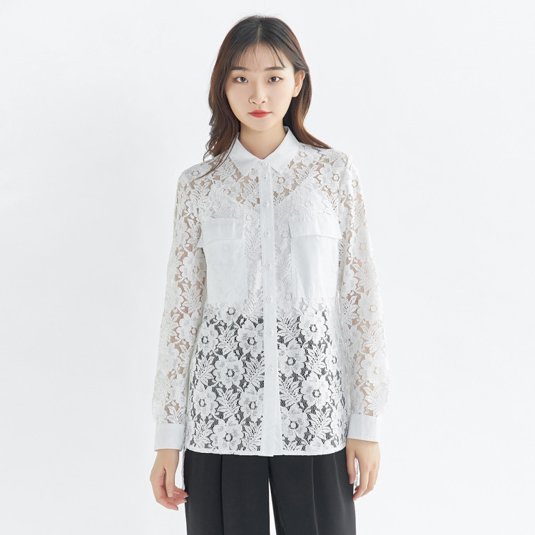 哥弟girdear 优雅通勤polo领蕾丝拼接口袋长袖女式衬衫 砖红 s