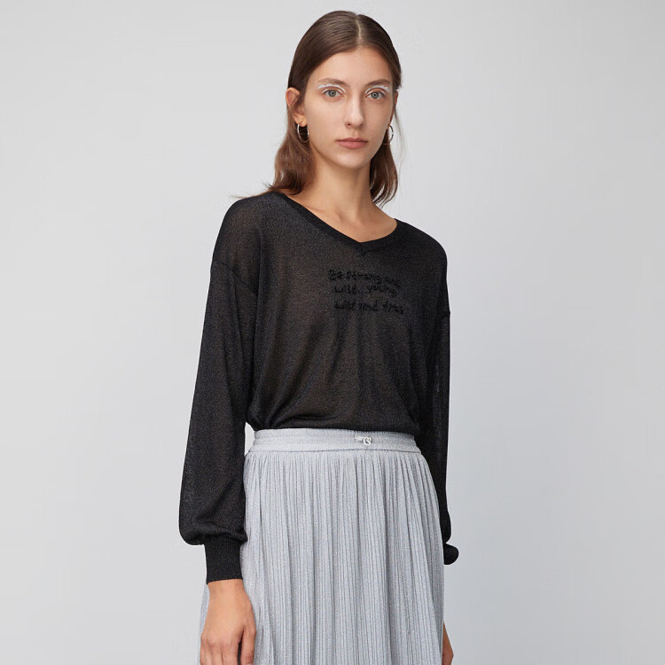 初语20年春装新款 字母钉珠落*笼袖宽松套头针织衫女 黑色 m