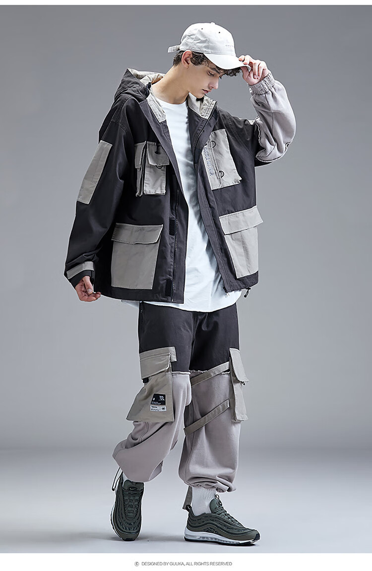 古由卡guuka 多口袋工装外套男女潮牌日系青少年嘻哈撞色拼接运动风衣