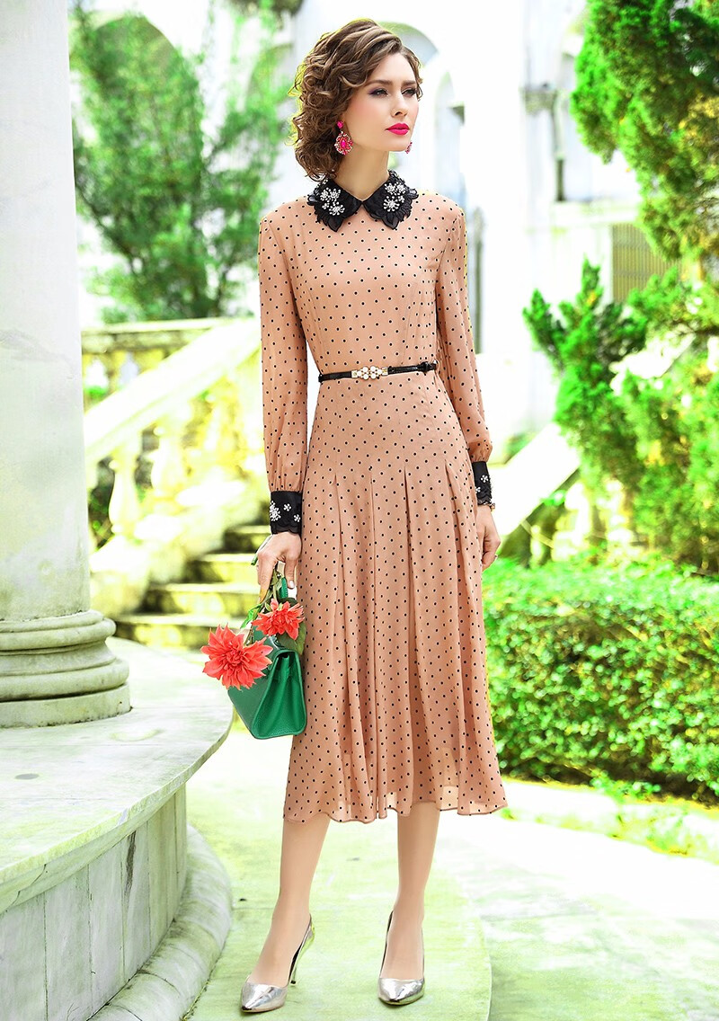 珂曼苏品牌女装波点印花雪纺连衣裙女春装款洋气减龄显瘦收腰衬衫领中