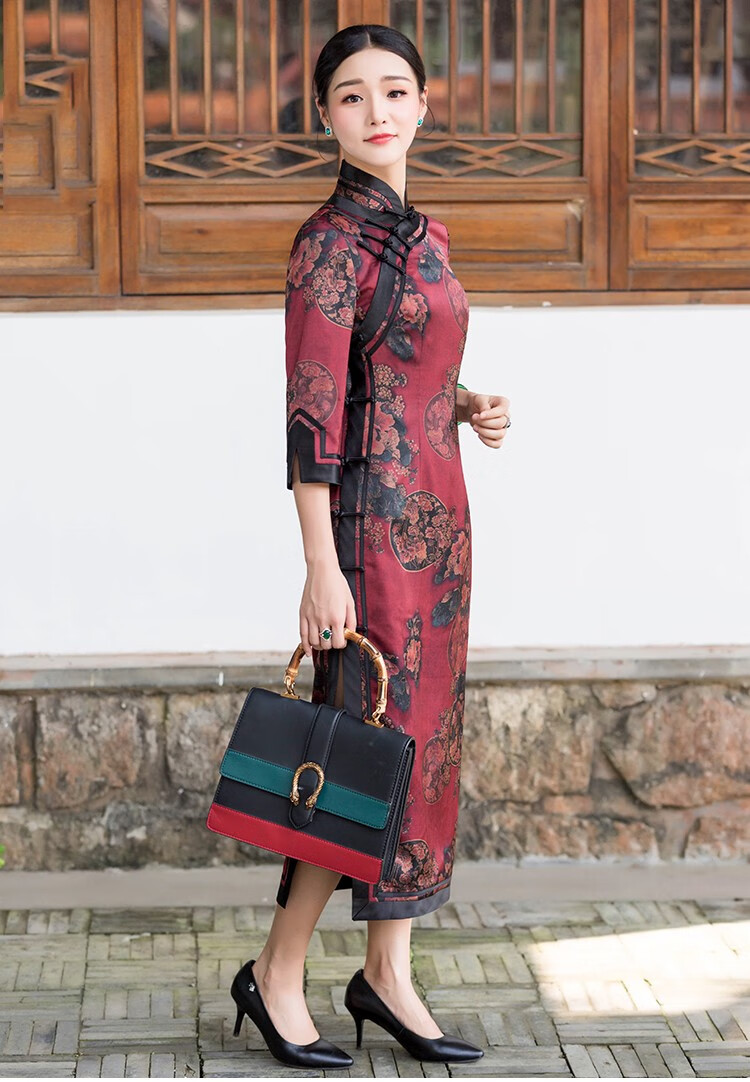 长袖旗袍长款新款气质中式复古老上海优雅淑女祺袍秋冬新款 靛蓝色