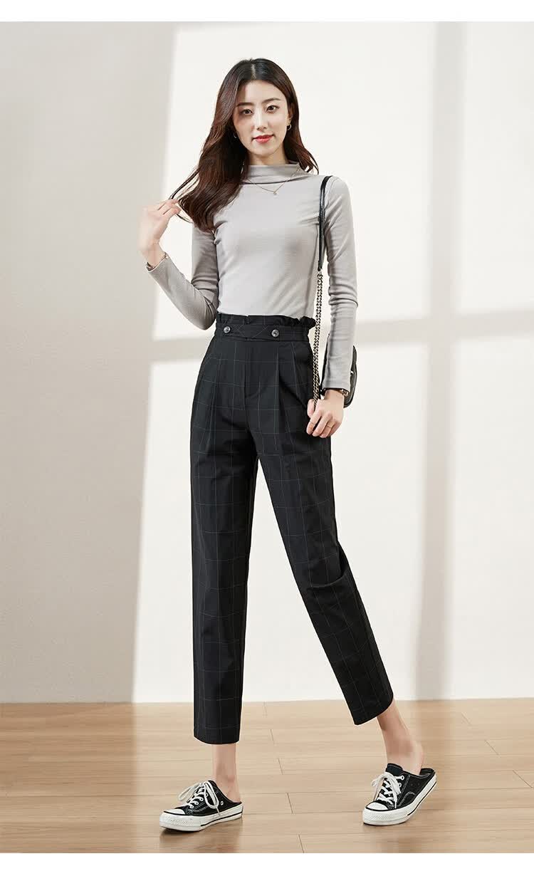 qmnlo品牌2020春秋新款显瘦九分高腰休闲裤女直筒黑色百搭哈伦裤子