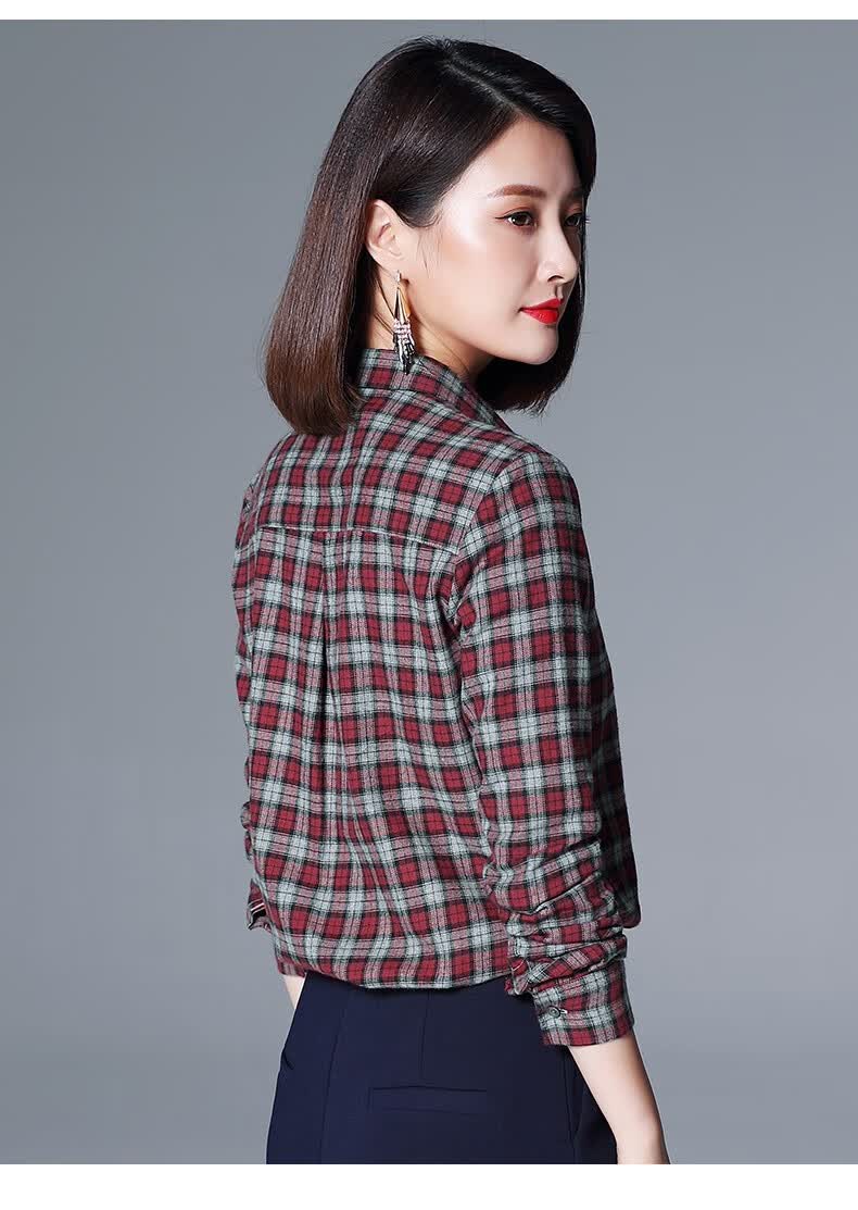纯棉格子衬衫女长袖春秋时尚法兰绒上衣职业装气质保暖磨毛打底衬衣酒