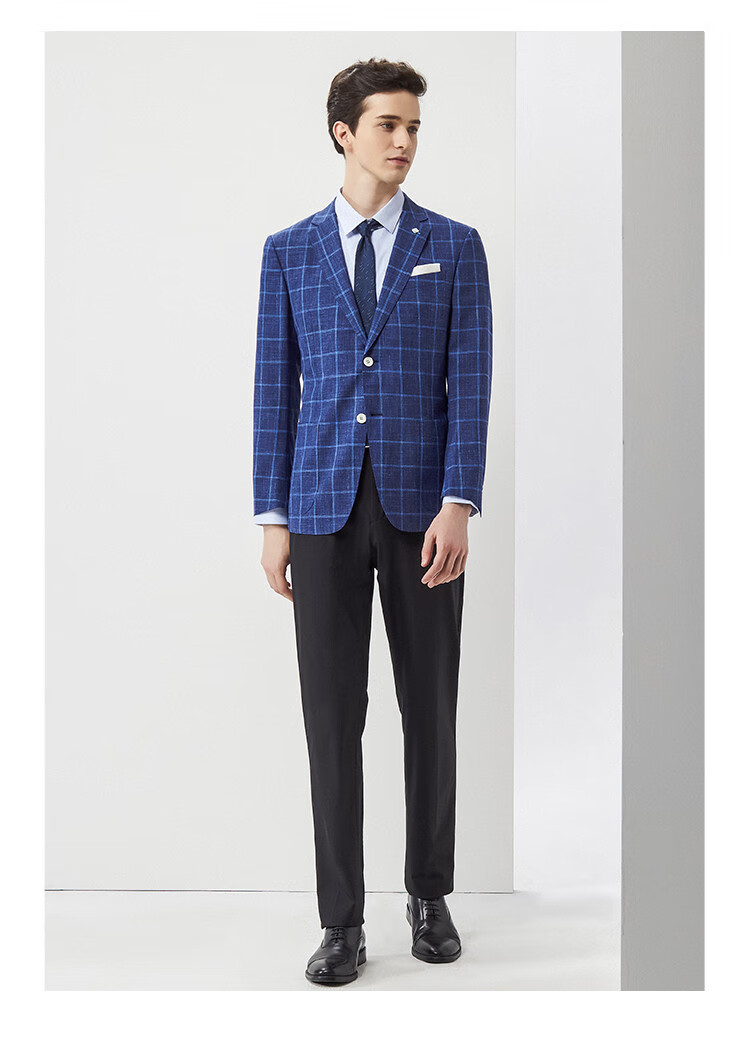 迪柯尼dikeni 春季舒适羊毛桑蚕丝平驳领格纹商务男士西服 蓝格 48a