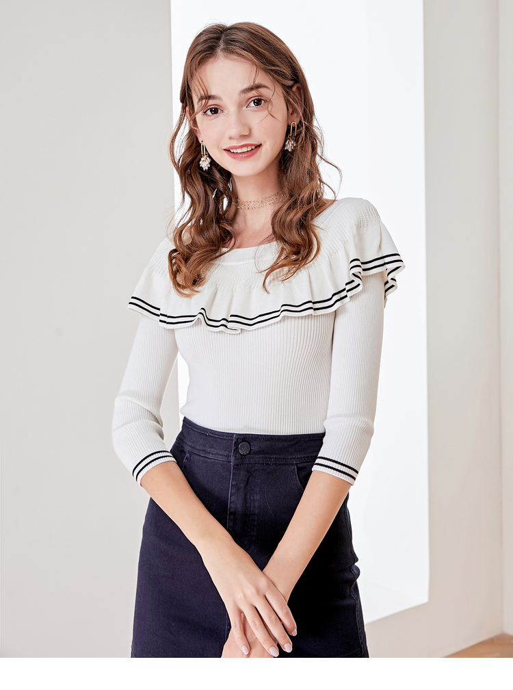 荷叶边一字领针织衫女佳人苑2020春装新款七分袖套头线衫修身显瘦