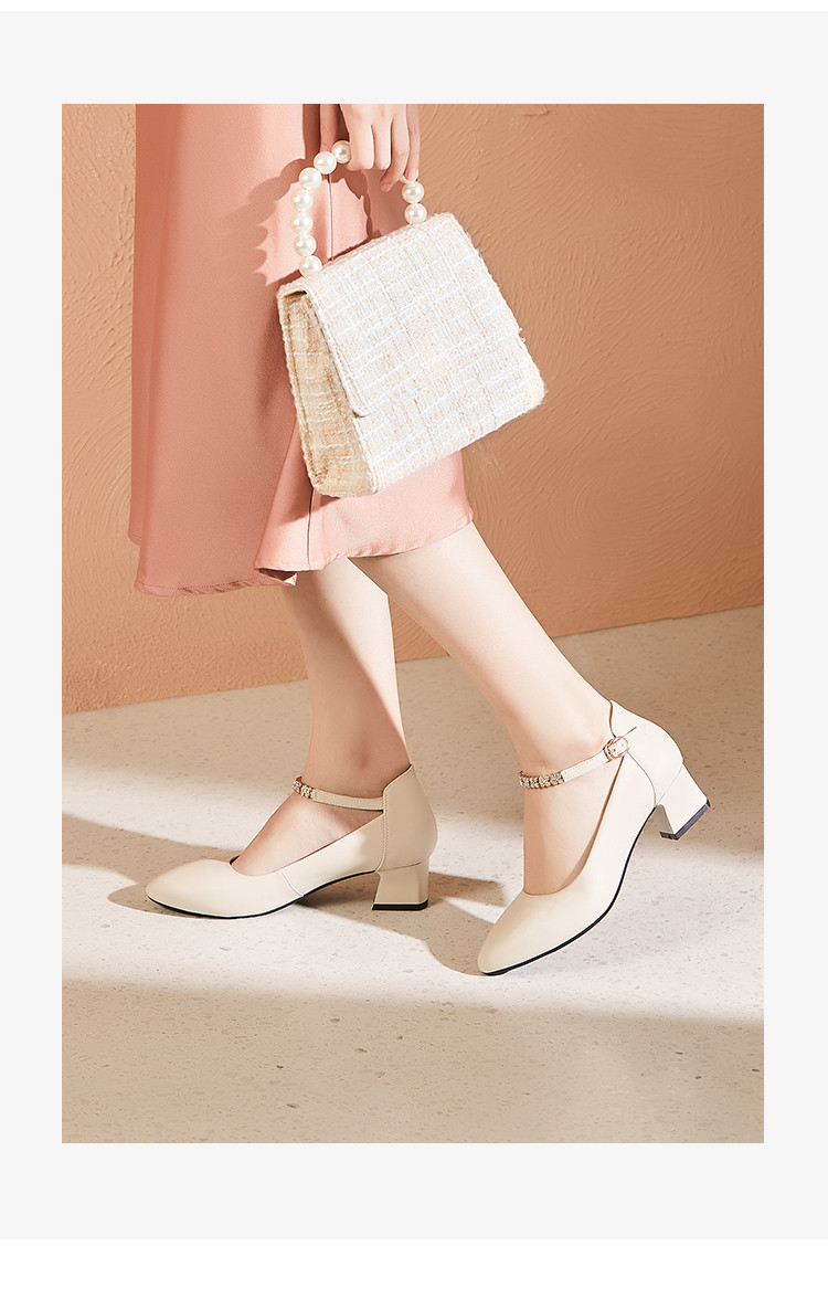 康奈kangnai 2020春季新款女鞋尖头粗跟高跟鞋牛皮女浅口单鞋通勤鞋