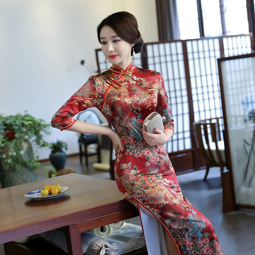 丝绸旗袍长款旗袍长款秋冬修身显瘦改良日常旗袍演出服乱世佳人红xxl