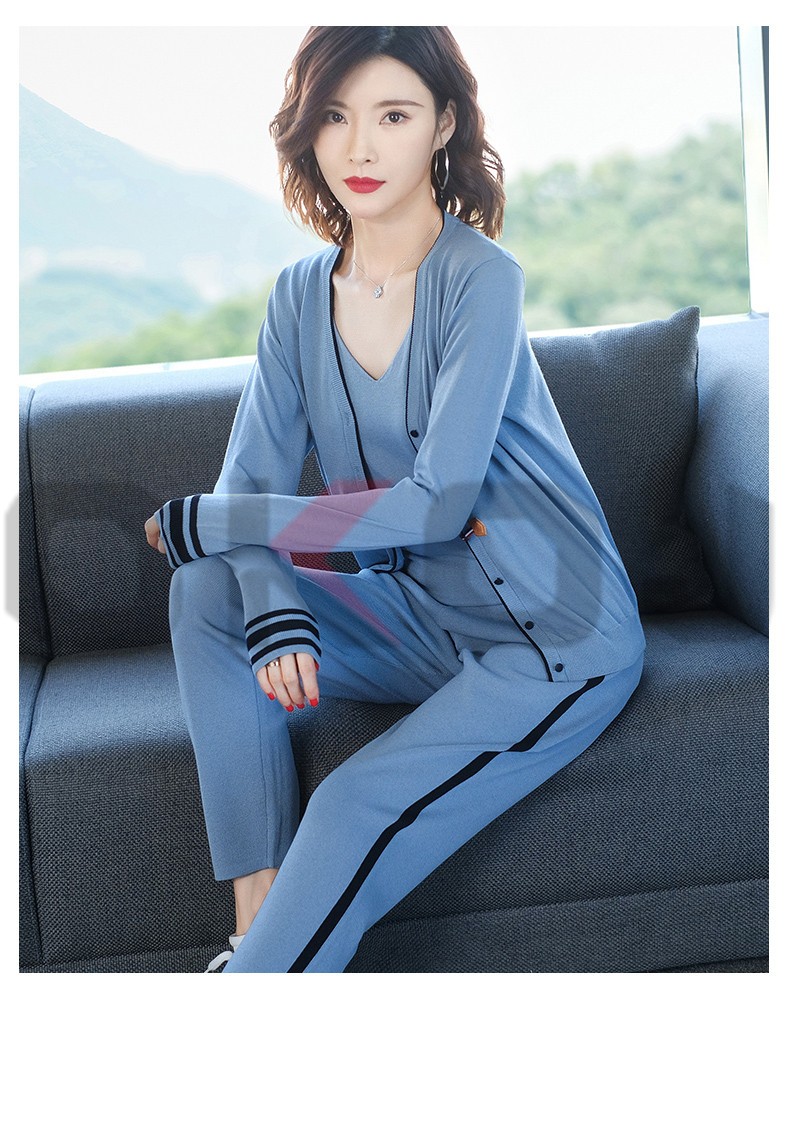 okoj品牌冰丝针织休闲服套装2020春夏新款女士气质条纹运动三件套