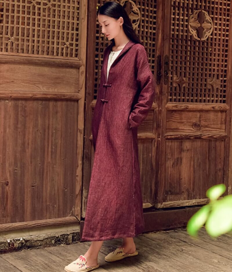 如素慢衣棉麻双层色织围巾领风衣女手工盘扣长款修身外套18332 青麦色