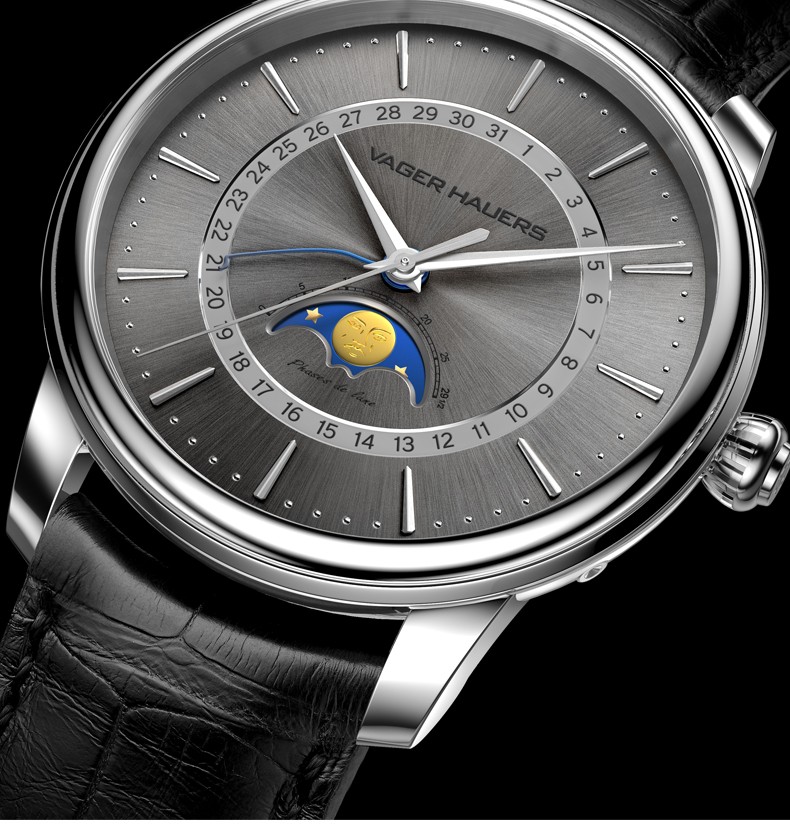 维杰豪兹原创手表男机械表全自动月相四针同轴日历真皮带防水男表精钢