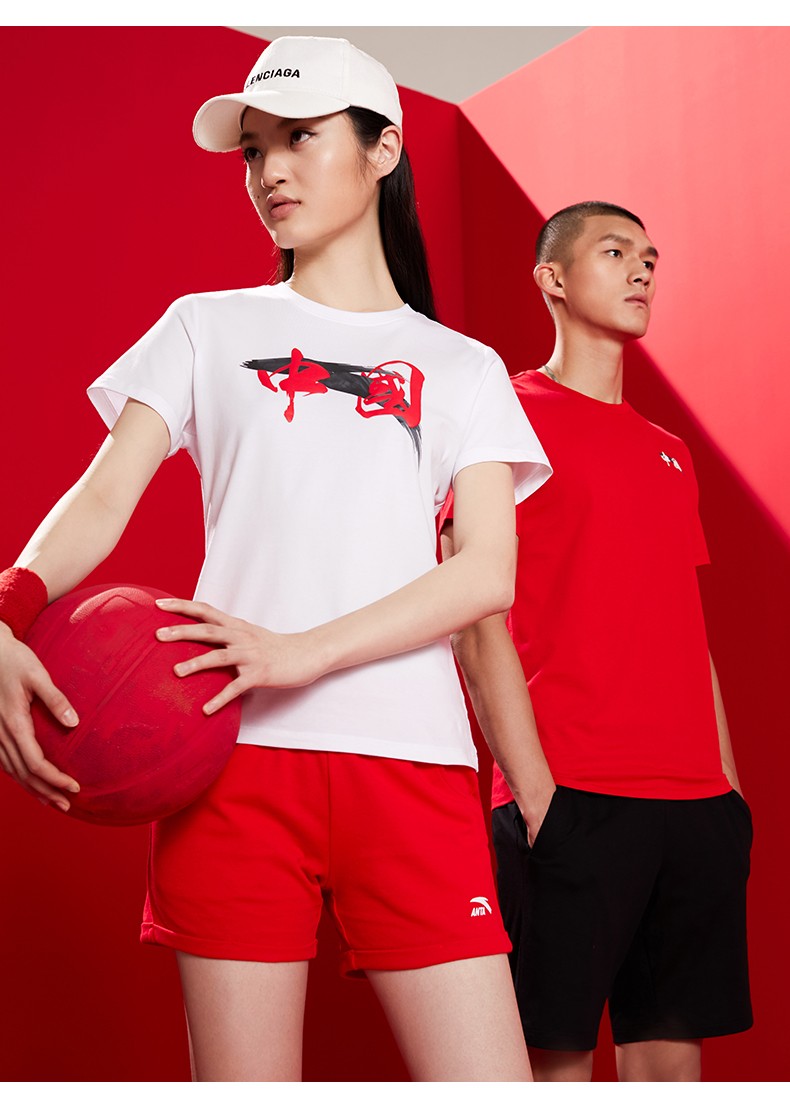 安踏短袖t恤女中国潮夏季官方棉红色运动针织衫女子套头圆领t恤 经典