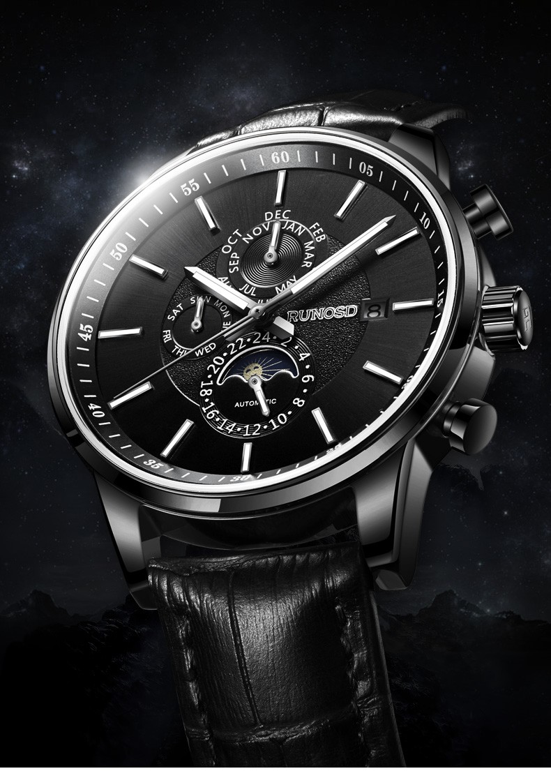 斯诺威登runosd手表男全自动机械表男士手表全刻度夜光真皮表带运动男