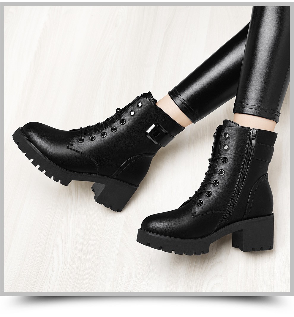 高中桶皮面女式马丁靴韩版加绒圆头粗根女装高跟鞋冬季新品通勤ol学生