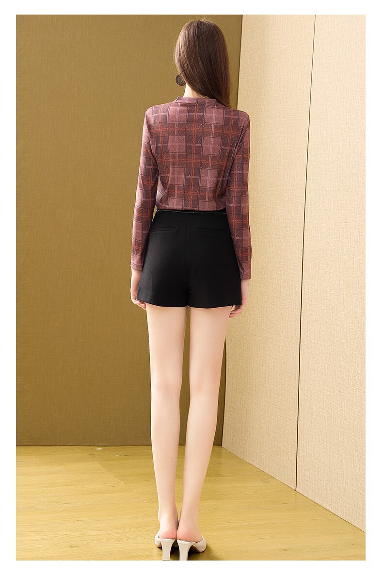 品牌亮丝格子上衣女2020春装新款蝴蝶结v领长袖衬衫时尚洋气 红褐色