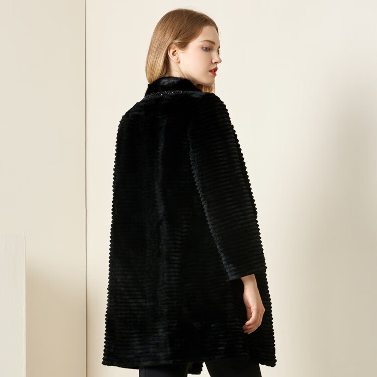 娜尔思 品牌女装冬装新款中长款裘皮外套气质兔毛皮草大衣保暖 黑色