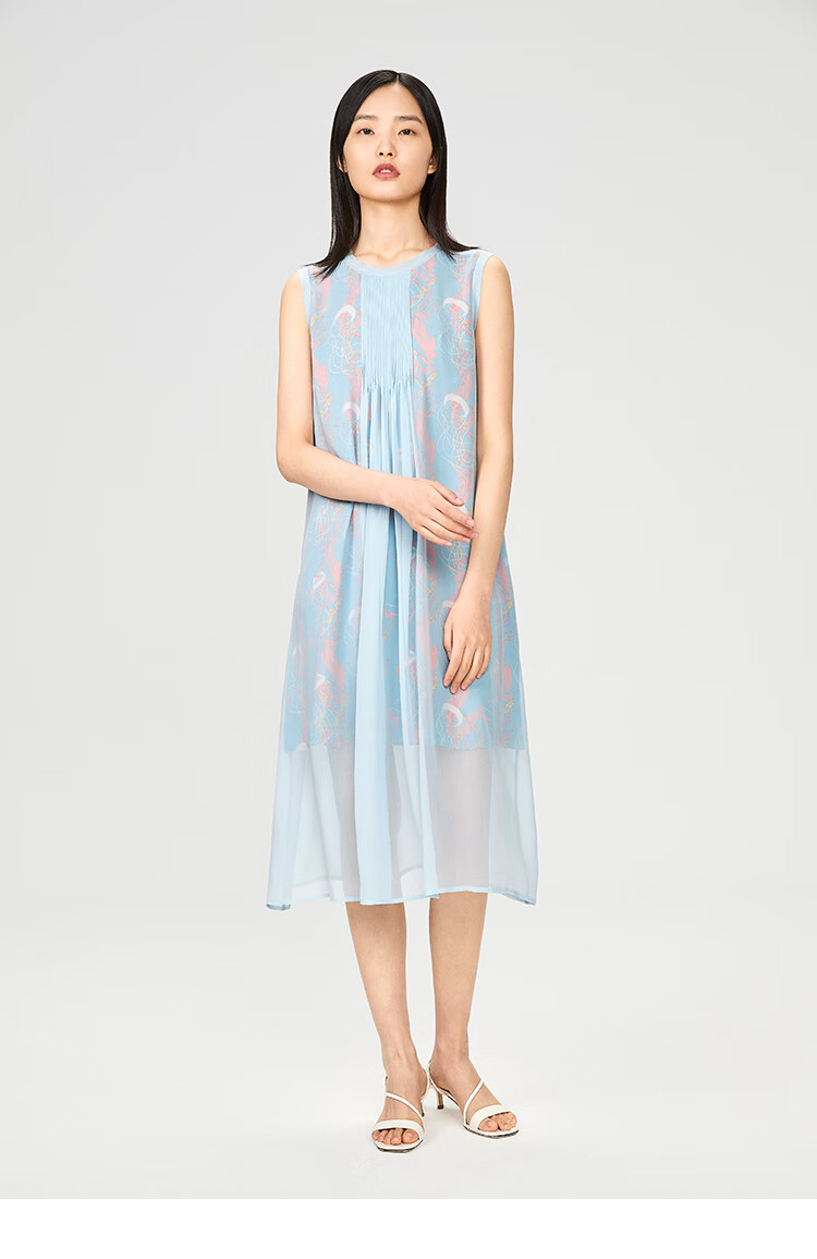 商场同款ovv春夏乔其真丝面料双层印花连衣裙女gqlwj10005a浅蓝花纹05