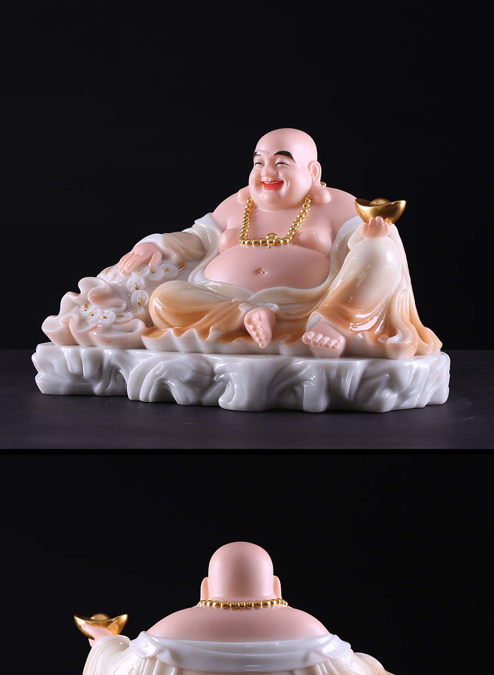 御仟香弥勒佛汉白玉彩釉大肚笑佛布袋佛像开业摆件用品26寸高38cm