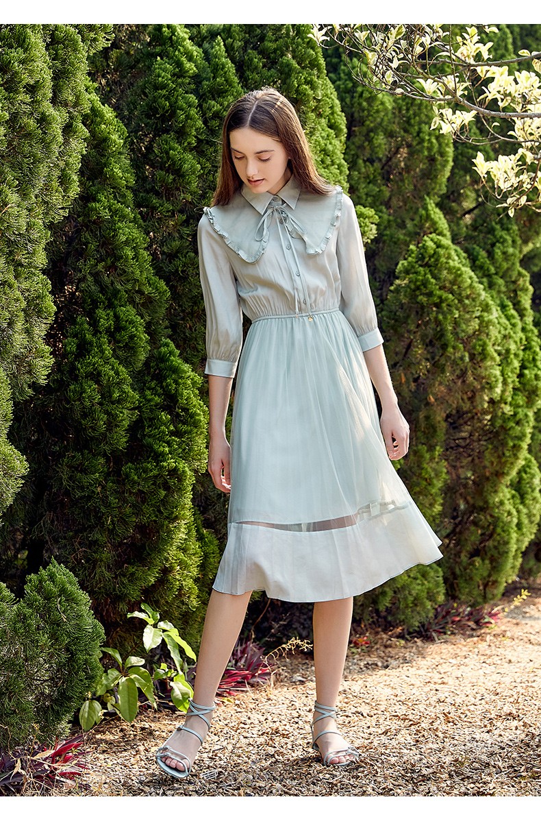 朵以2020秋装新款甜美娃娃领显瘦收腰连衣裙中长款女35dc841006绿百合