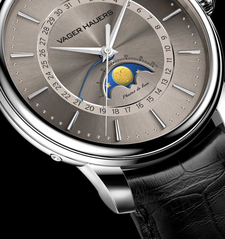 维杰豪兹原创手表男机械表全自动月相四针同轴日历真皮带防水男表精钢