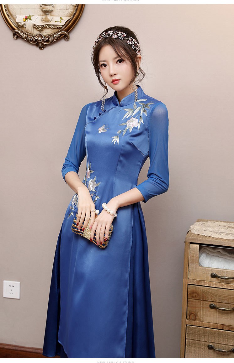 femly法曼丽2020新款中国风女装立领重工刺绣假两件改良旗袍连衣裙o99