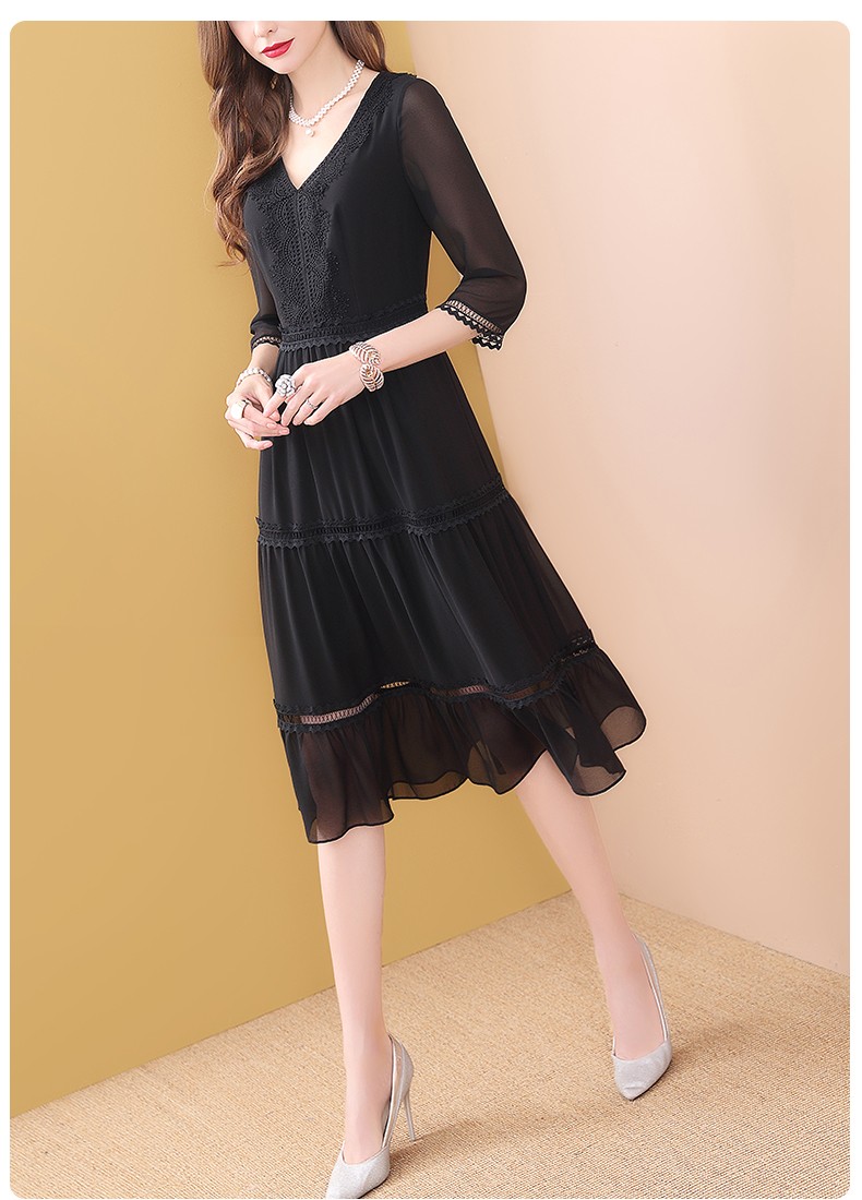 珂贝雅蕾丝裙2020夏季新品蕾丝雪纺连衣裙女v领五分袖流行裙子 黑色