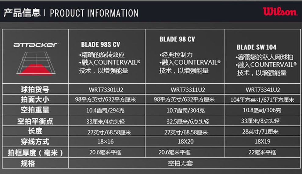 威尔胜wilson小威碳素威尔逊单人专业比赛网球拍blade进攻力量型19款