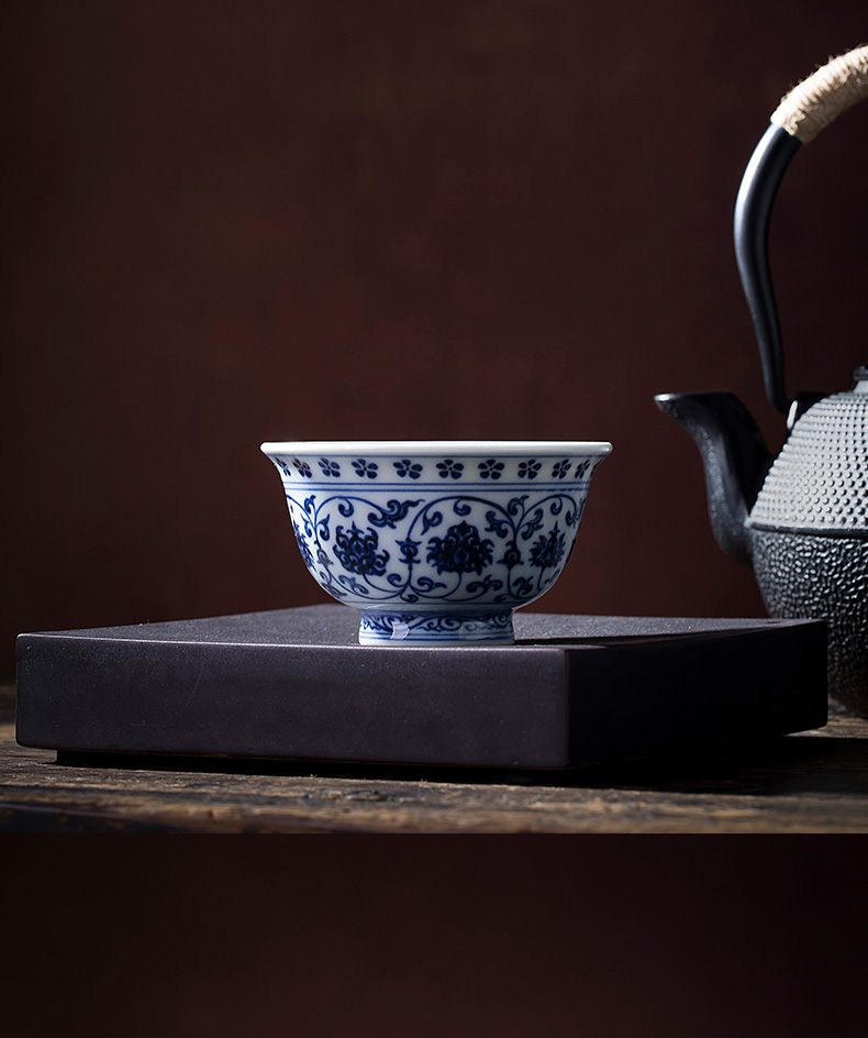 汉帝唐韵 陶瓷功夫茶杯高档手绘仿古永乐青花压手杯建盏茶碗品茗茶杯