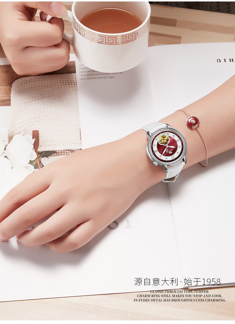 尼诺里拉时尚女士镂空机械手表11010女款白色