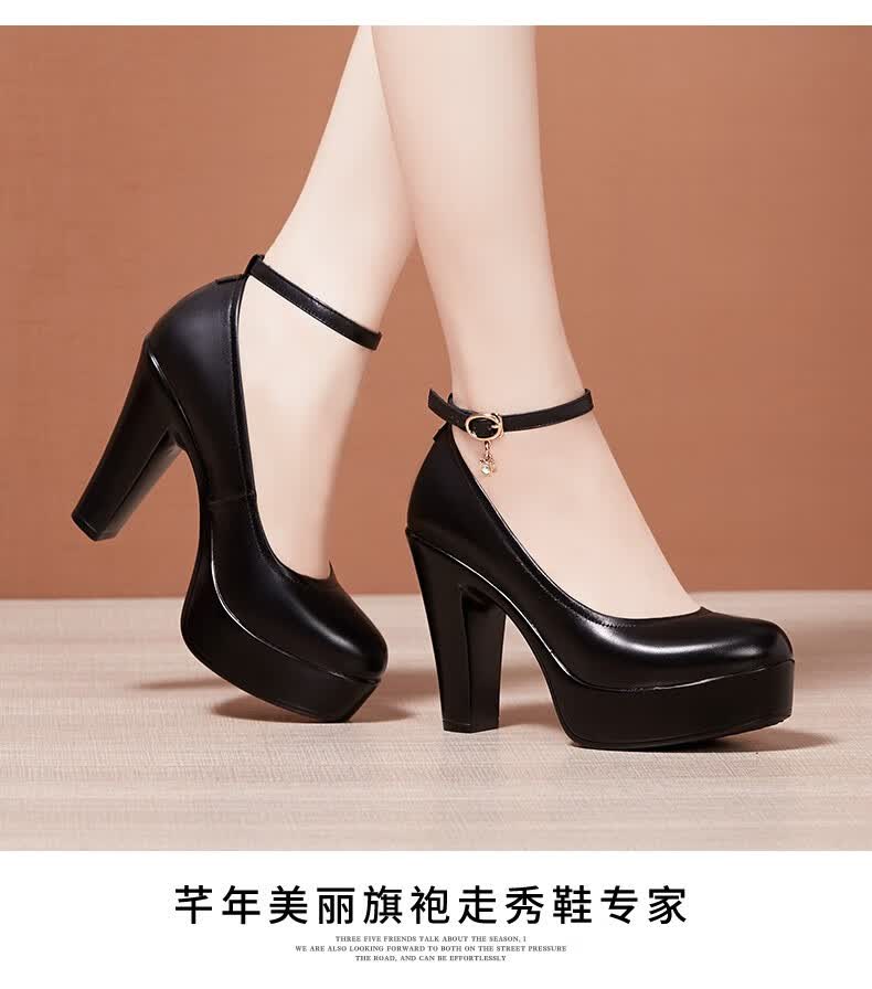 鞋女高跟粗跟头层软牛皮厚底防水台真皮大码旗袍女鞋黑色圆头6cm36