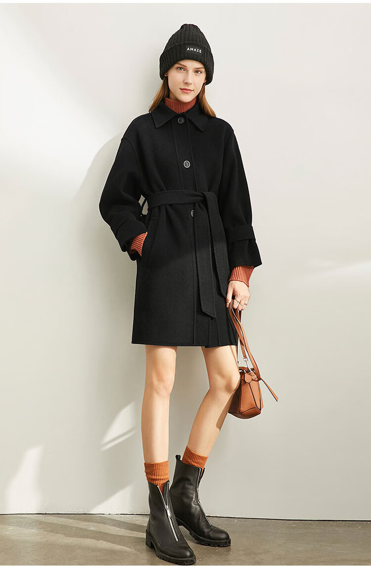 amii 极简冬休闲宽松纯色配腰带100%羊毛双面呢大衣女(宽松版) 黑色