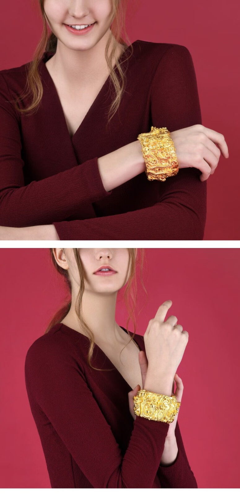 周生生 新年礼物 足金九龙戏珠手镯 黄金手镯女款结婚金手环传承金子