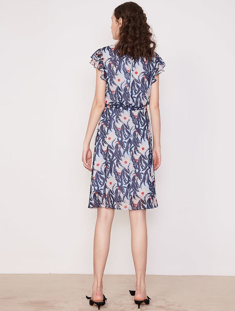 纳薇naivee 【2020春装连衣裙】新款印花x型中长款v领连衣裙女收腰