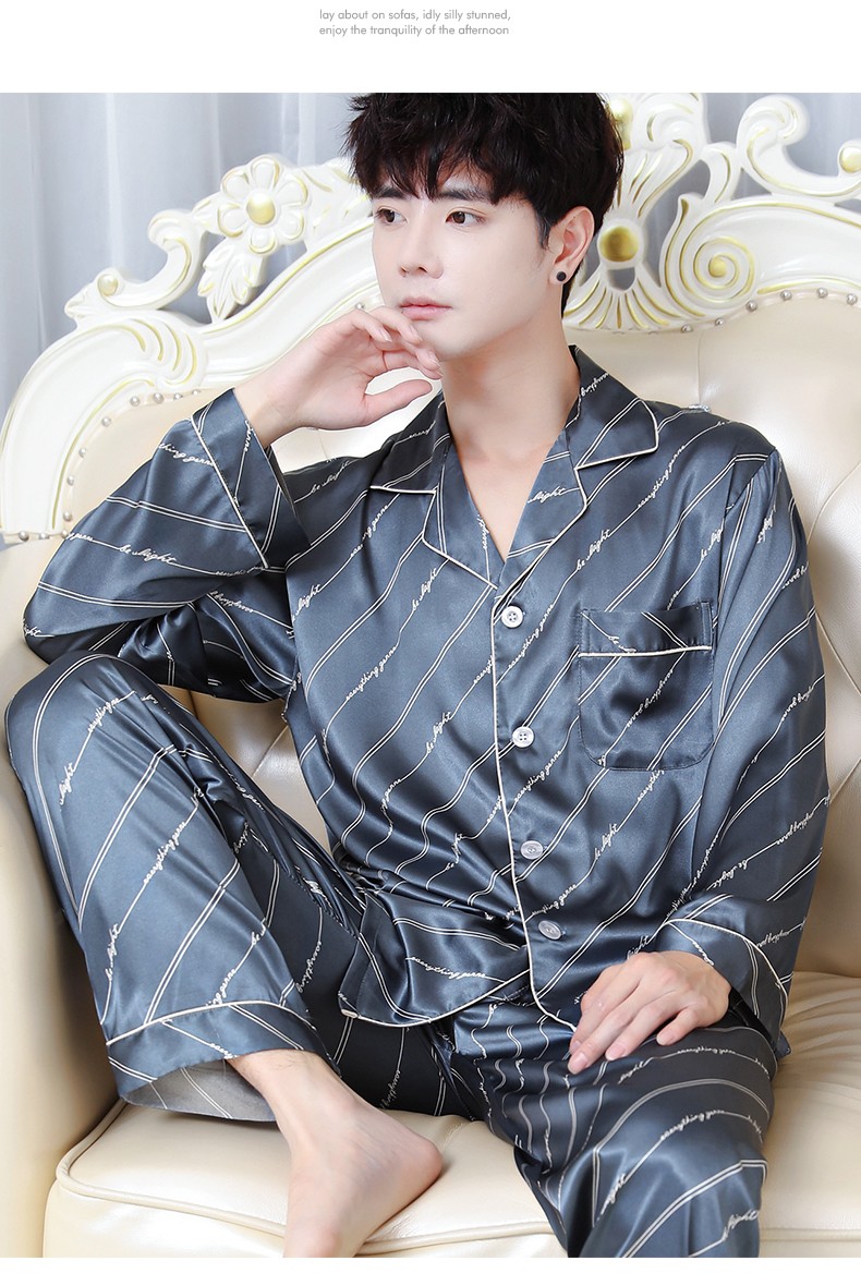 睡衣男春夏薄款长袖仿真丝绸男士睡衣冰丝大码家居服套装 仙鹤蓝灰款