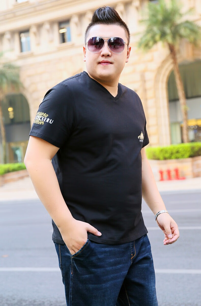 男v领特大码加肥加大夏天时尚简约肥佬显瘦衣服 黑色 xxl(170-190斤)