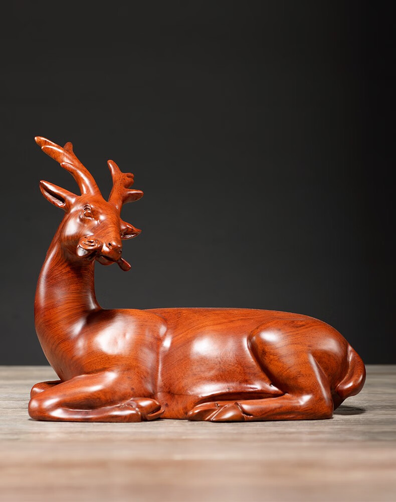 曹堂花梨木雕发财鹿摆件家居饰品客厅装饰实木雕刻鹿摆件红木礼品