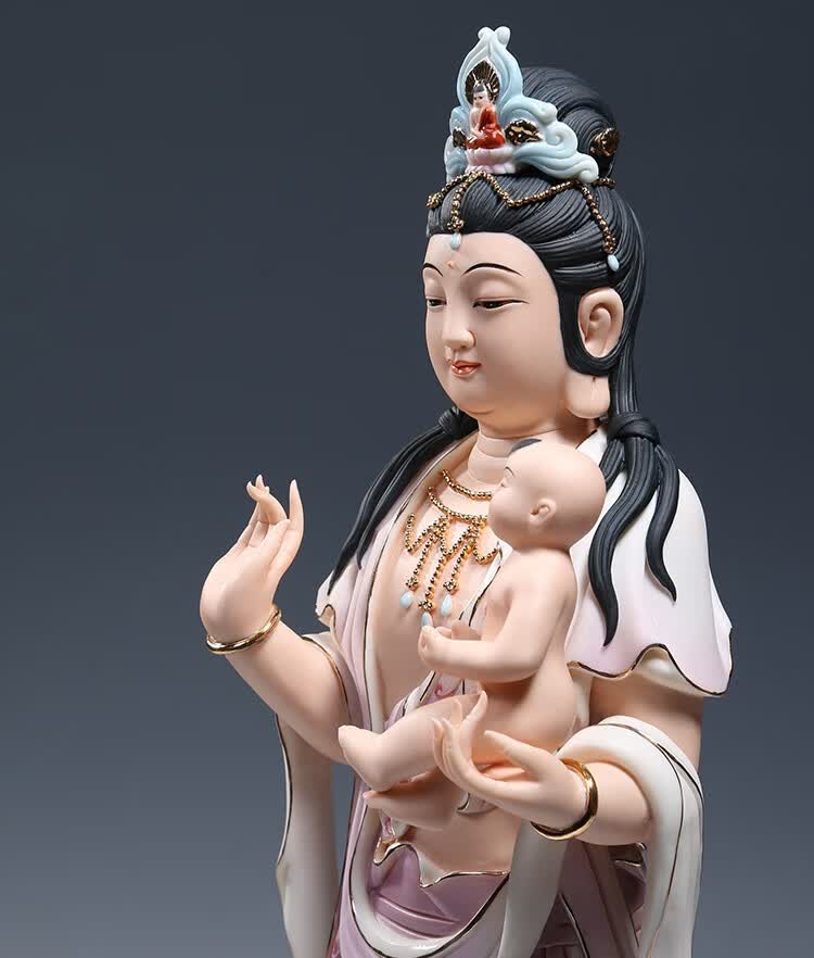 微美彩绘陶瓷19吋立莲送子观音佛像摆件家用供奉求子观世音菩萨 红彩
