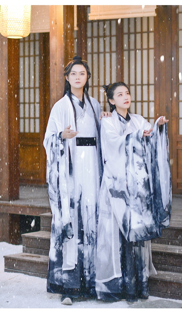 汉服男水墨公子交领齐腰襦裙cp情侣古装女大袖衫书生表演服套装水墨男