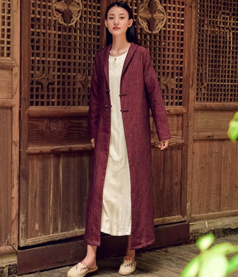 如素慢衣棉麻双层色织围巾领风衣女手工盘扣长款修身外套18332 青麦色