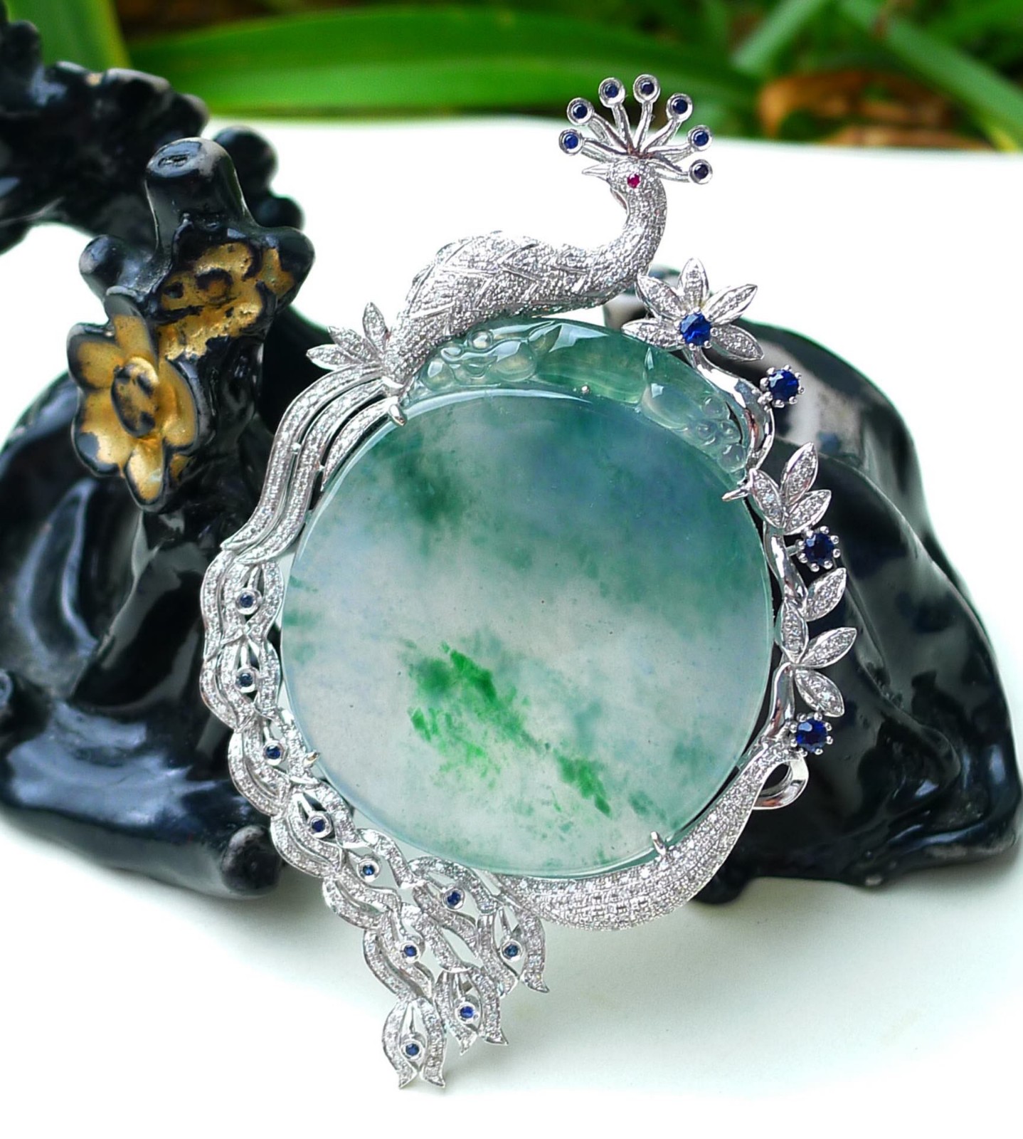 何周珠宝】缅甸天然a货翡翠 18k金镶嵌 冰种 阳绿 豪华镶嵌 凤凰吊坠