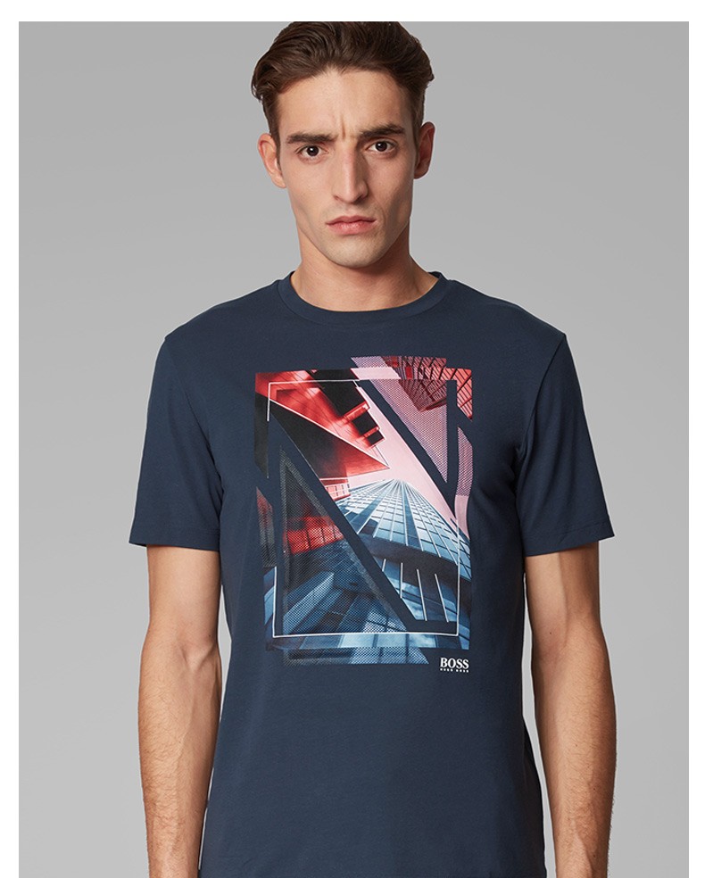 hugo boss雨果博斯男士2020春夏网纱图案圆领平纹布t恤
