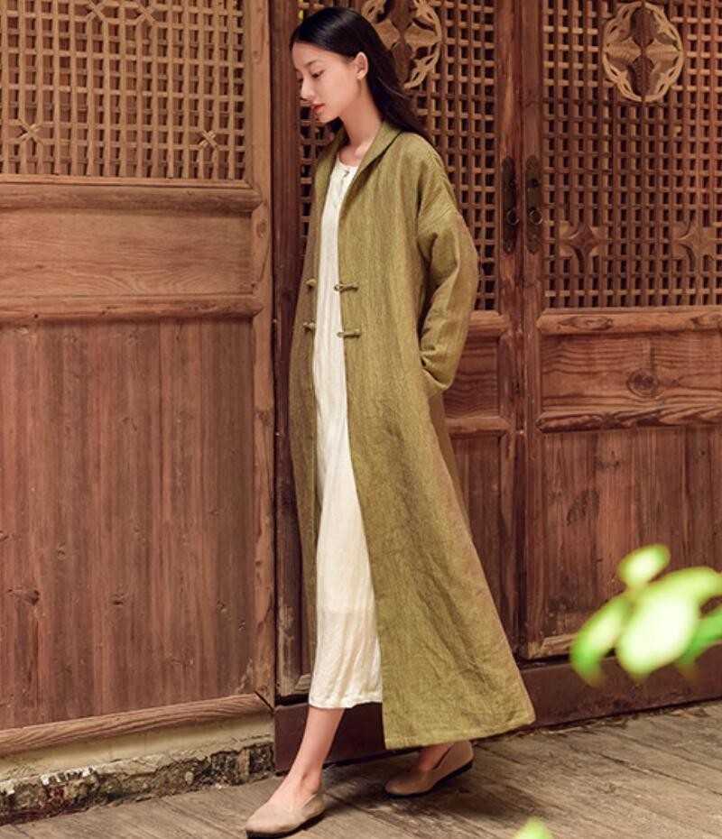 如素慢衣棉麻双层色织围巾领风衣女手工盘扣长款修身外套18332 青麦色