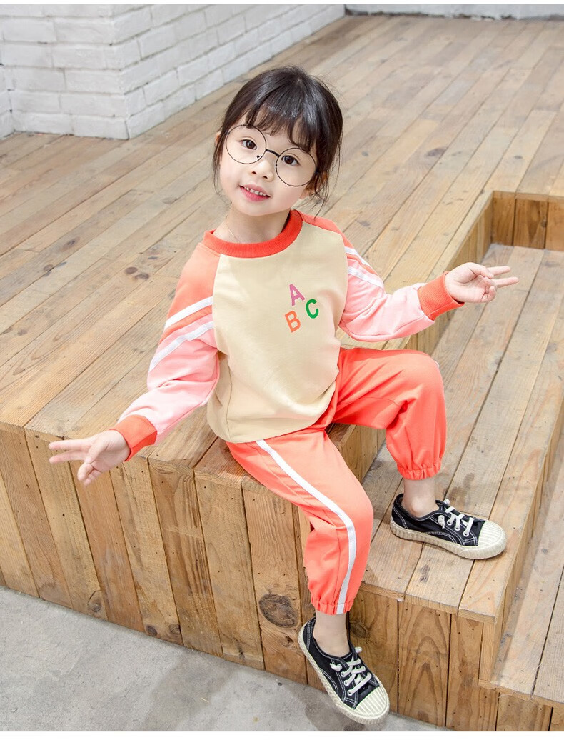 款儿童套装女宝宝2020春秋款新品运动卫衣幼童小童1-6岁女孩两件套 桔