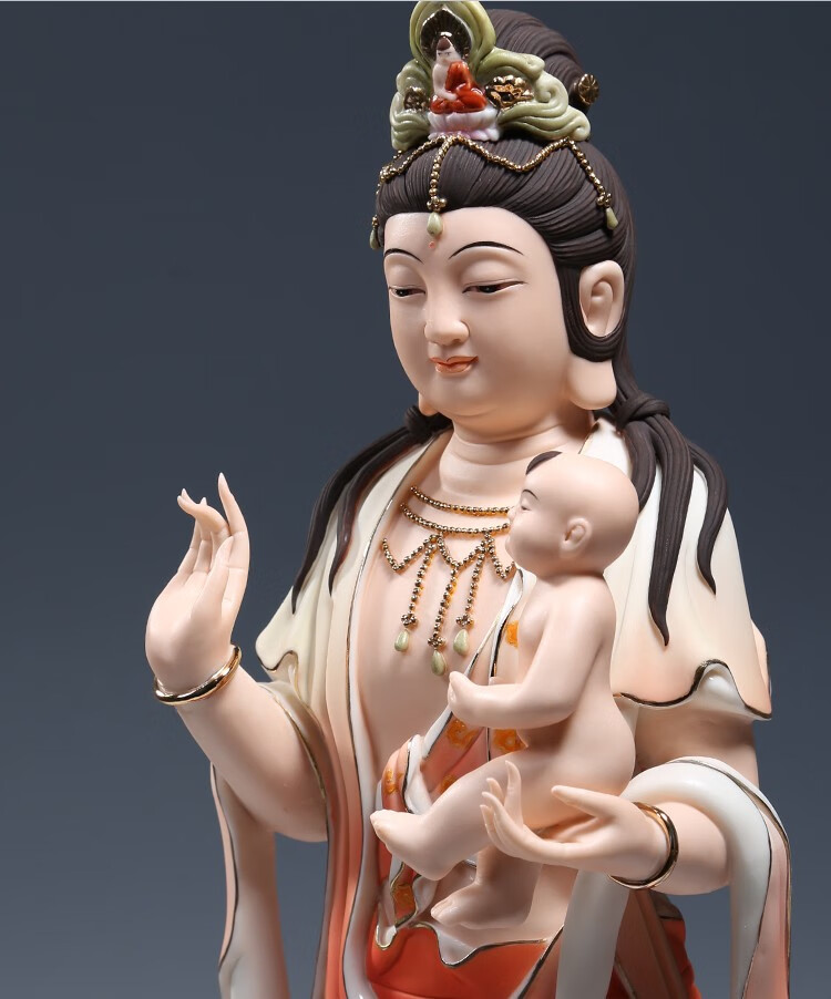 微美彩绘陶瓷19吋立莲送子观音佛像摆件家用供奉求子观世音菩萨 红彩